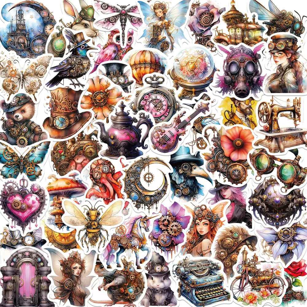 50-Piece Steampunk Sticker Pack – Vintage Victorian Mechanical Art Stickers