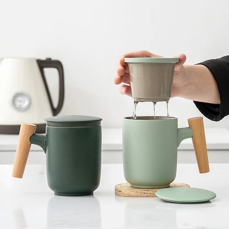 Frosted Ceramic Mug with Wooden Handle