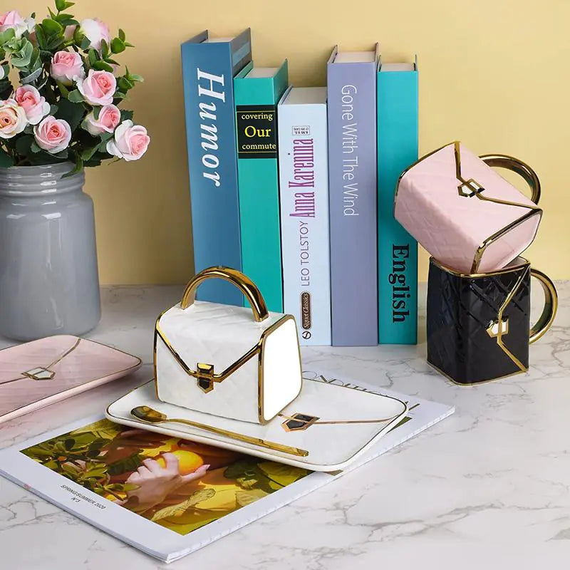 Creative Ceramic Coffee Mug and Saucer Set with Tray