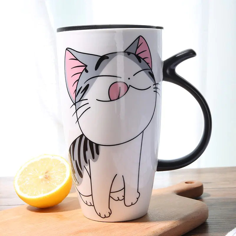 Cute Cat Ceramic Coffee Mug with Lid - 600ml Capacity