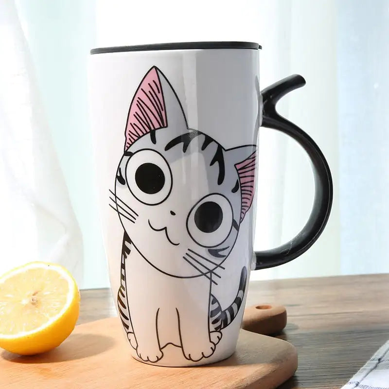 Cute Cat Ceramic Coffee Mug with Lid - 600ml Capacity