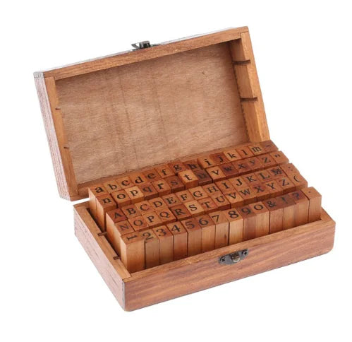 70-Piece Stamp Set with Numbers, Letters, and Box
