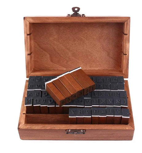 70-Piece Stamp Set with Numbers, Letters, and Box