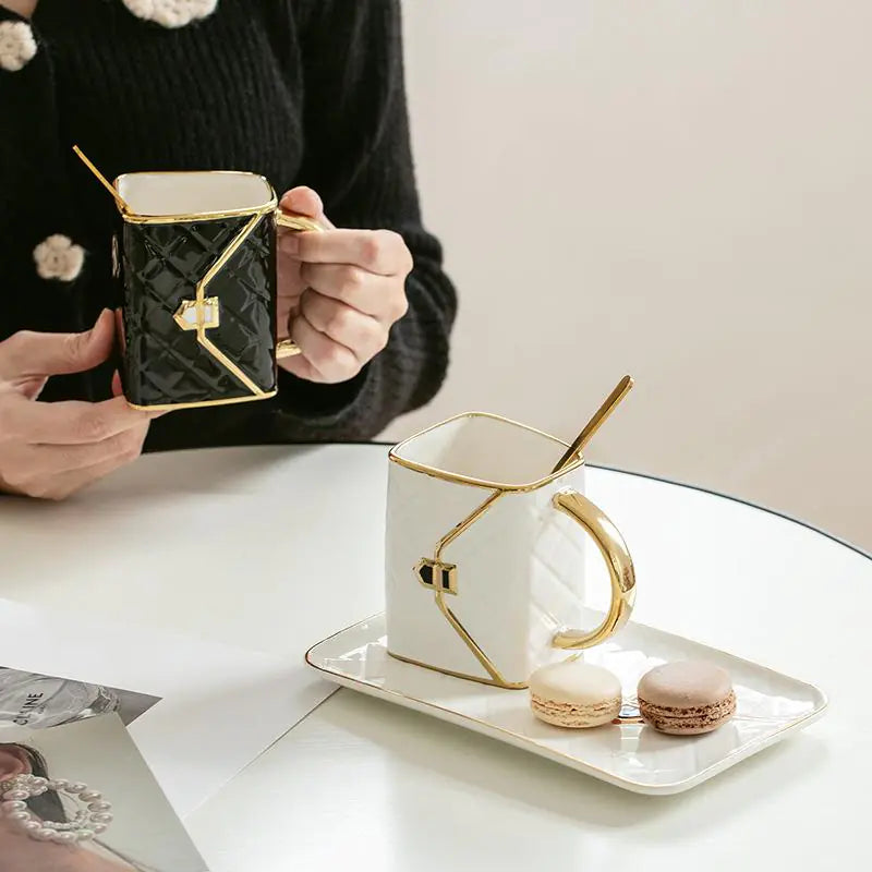 Creative Ceramic Coffee Mug and Saucer Set with Tray