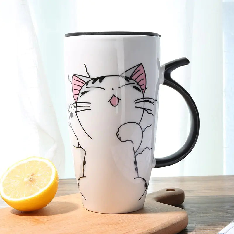 Cute Cat Ceramic Coffee Mug with Lid - 600ml Capacity